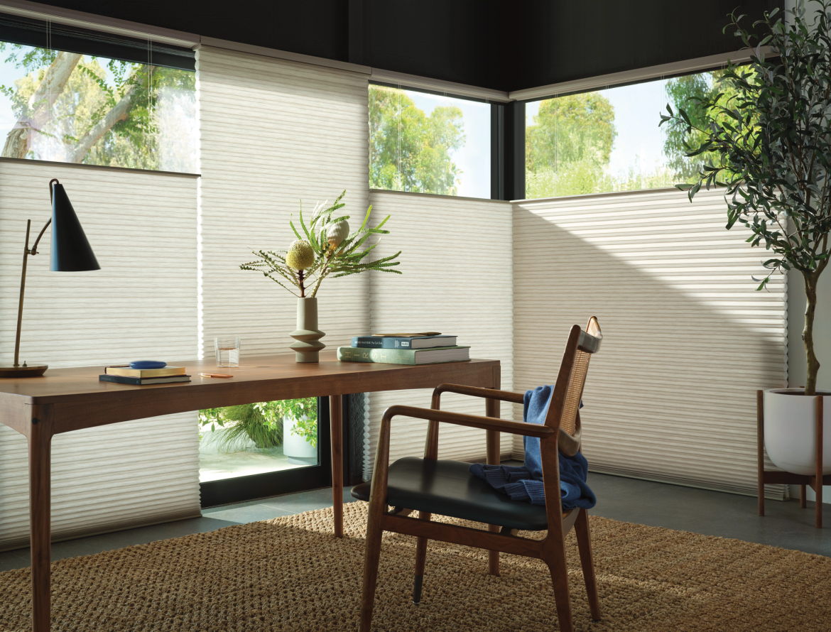 An office space with cellular shades